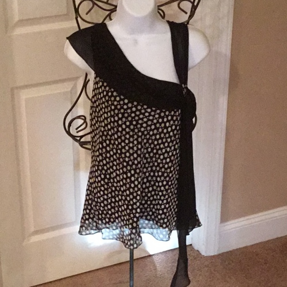 Max Studio Black and White Polka Dot Asymmetric Chiffon Top